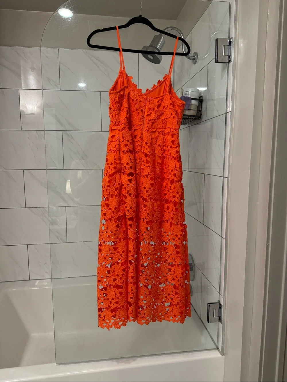 Vici Bright Orange Lace Midi Dress with Spaghetti Straps - Picture 2 of 4